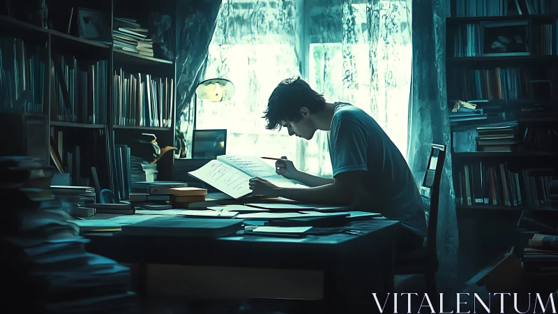 Focused student studies alone in a moody book-filled room.