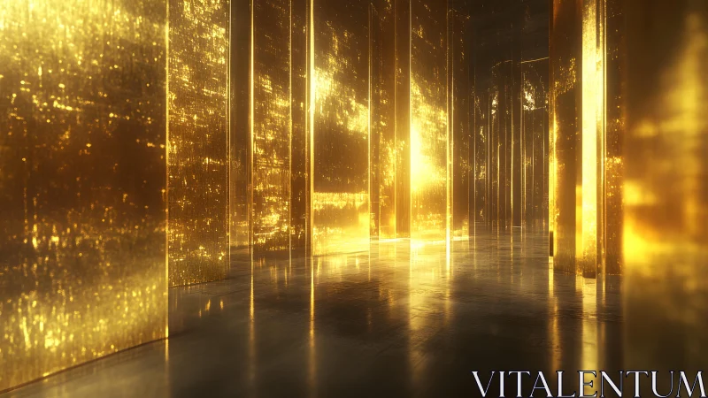 Futuristic golden hallway with glowing reflective walls, digital art.