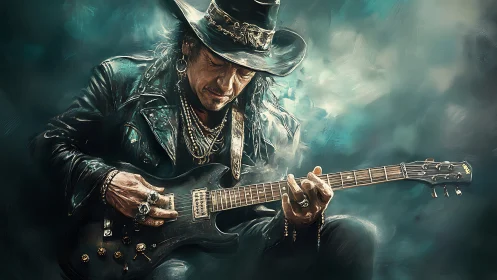 Male guitarist in leather jacket plays electric guitar