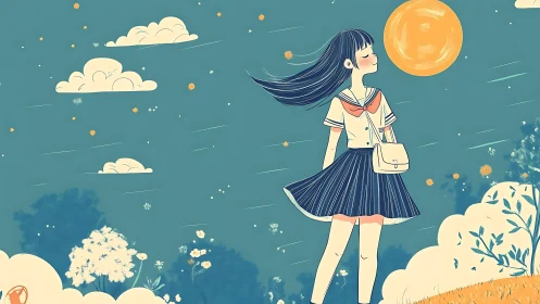 Girl in sailor uniform under stylized moonlit sky illustration.