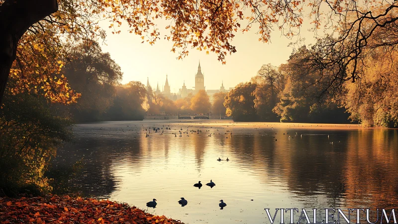 Autumnal riverscape framing neo-gothic skyline at golden hour.