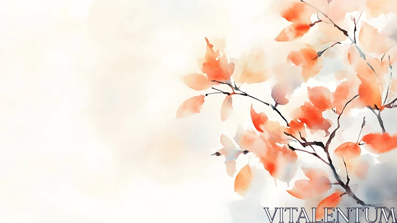 Watercolor Autumn Leaves on Branches, Minimalist Nature Art.