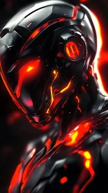 Futuristic black armored android with red illuminated lines.