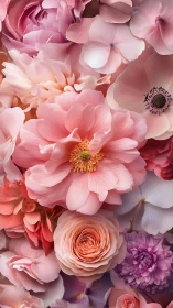 Pink flower arrangement with mixed botanical specimens.