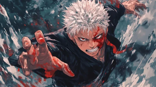 White haired anime fighter in forward motion with bloodstains.