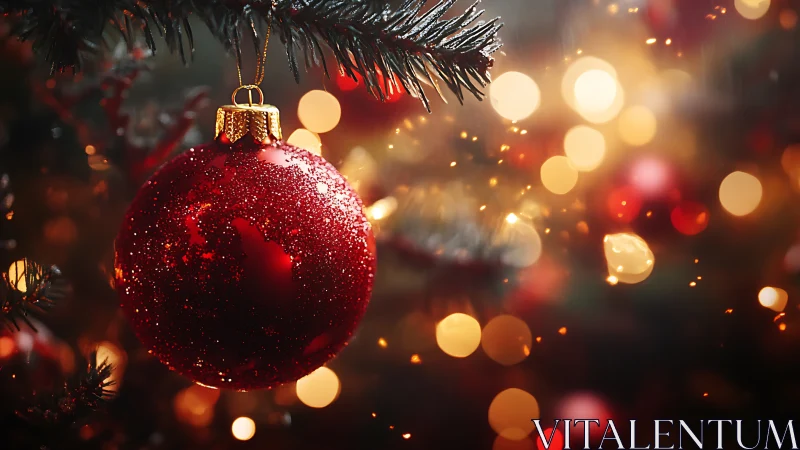 Glowing red Christmas bauble sparkles softly against warm lights