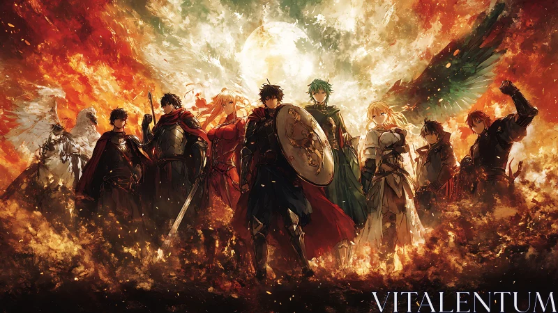 Armored heroes advance through fire under blazing celestial sky