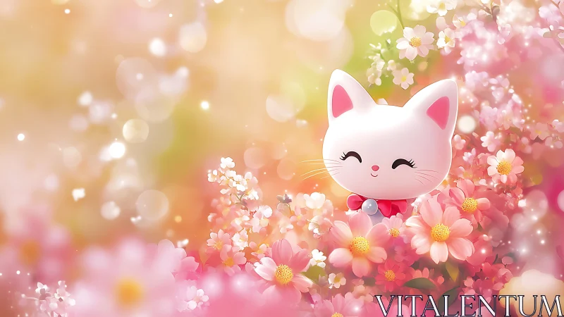Smiling chibi cat nestled in glowing spring blossoms.