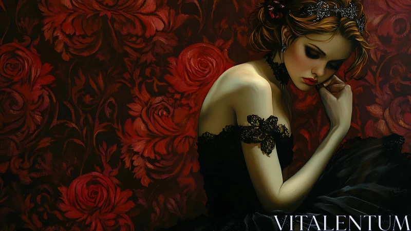 Melancholy rose-queen leans into a crimson velvet hush