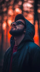 Man in hooded jacket studies fiery forest sunset sky.