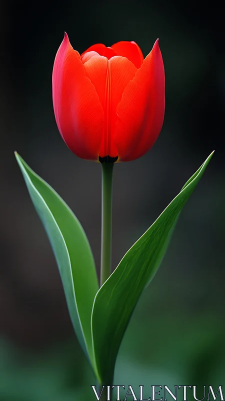Scarlet tulip stands luminous against a velvety spring hush.