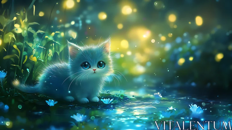 White kitten in luminous garden with bokeh lighting and flora.