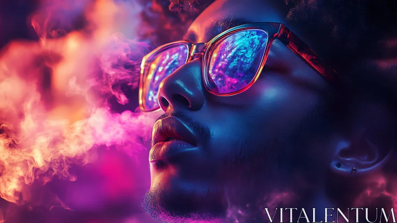 Neon-lit portrait with cosmic reflections in vivid vapor glow.