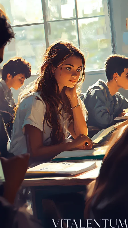 Thoughtful schoolgirl rests on hand during quiet classroom work