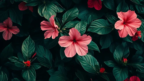 Pink Hibiscus Blooms Against Deep Emerald Foliage.
