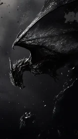 Monochrome winged dragon silhouetted against dark sky.