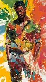 Thoughtful man wrapped in bold, expressive color strokes.