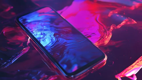 Modern smartphone on reflective surface with neon lighting effects.