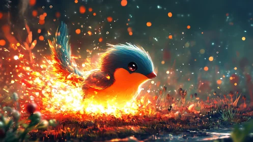 Fiery blue creature runs through glowing embers at dusk.
