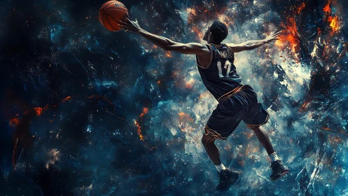 Basketball player soars through cosmic energy in mid-dunk.