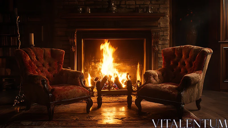 Symmetrical Interior with Active Fireplace and Winged Seating.