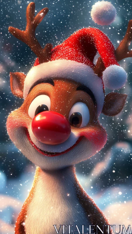 3D cartoon reindeer in Santa hat under falling snow.