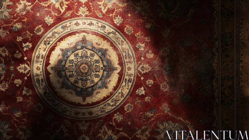 Sunlit central medallion on worn red oriental carpet.