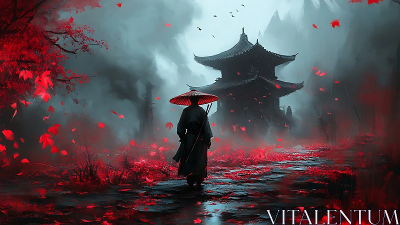 Lone samurai walks toward misty temple through red leaves.