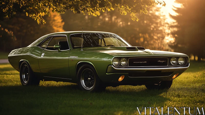 Vintage green muscle car glows in warm sunset park light