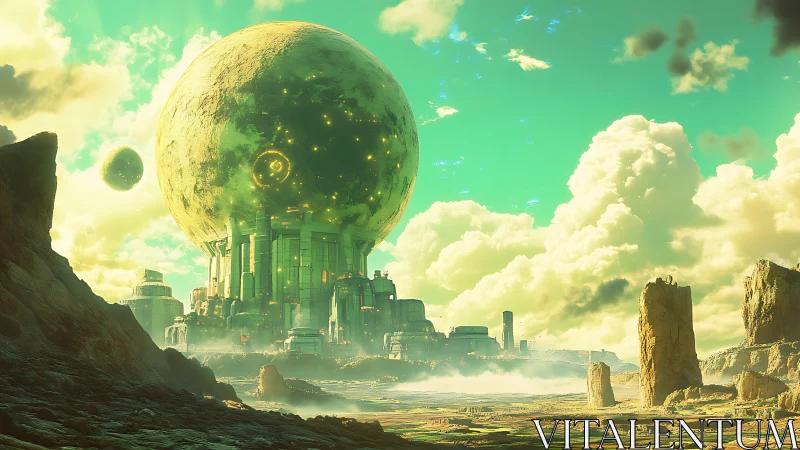 Spherical megastructure city on irradiated alien plateau at dawn