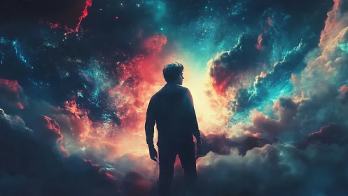 Stargazer standing at the edge of glowing cosmic clouds.