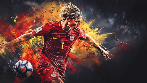Dynamic vectorized footballer amid chromatic motion fields.