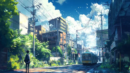 Sunlit urban rail corridor contrasts lush foliage and aging blocks