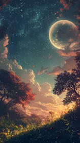 Twilit meadow tilts toward a colossal moonlit dream