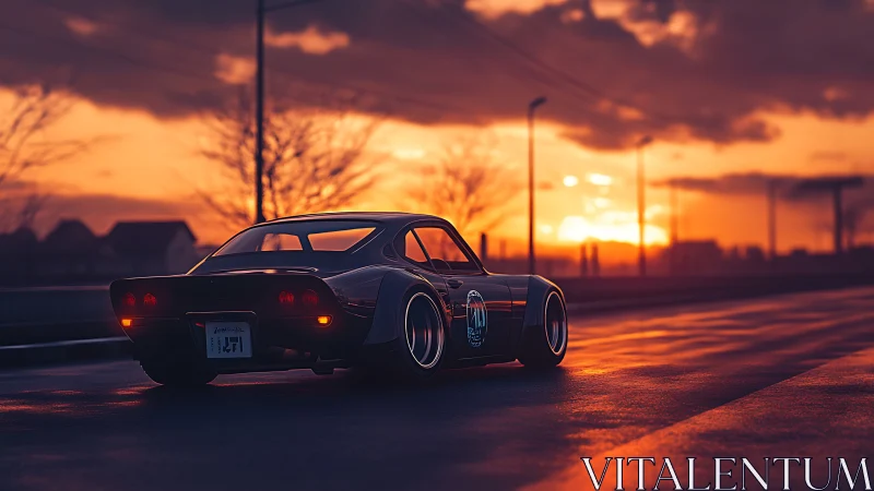 Retro sports car on wet highway under dramatic sunset glow.