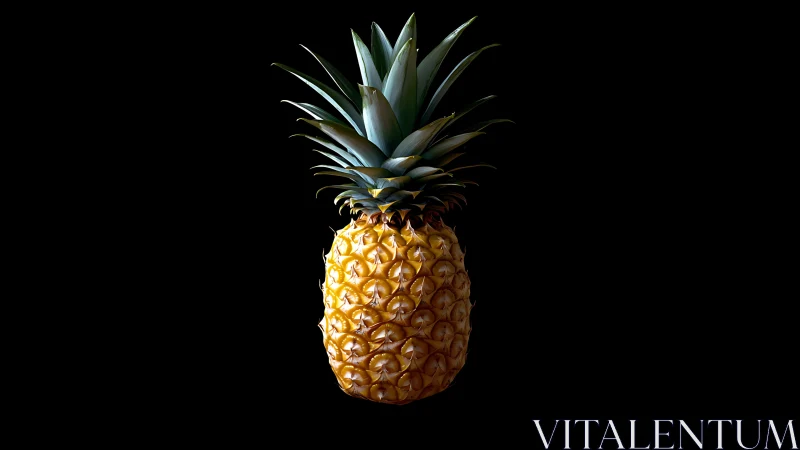 Whole ripe pineapple against uniform black background.