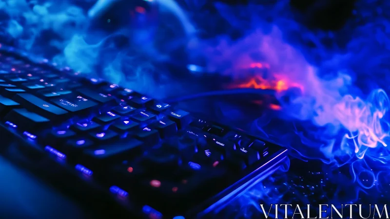Illuminated gaming keyboard in dense blue and red smoke.