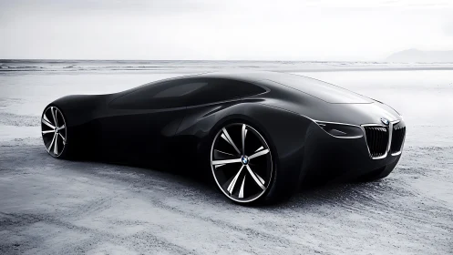 Hydrodynamic black BMW concept coupe on saline shoreline runway.