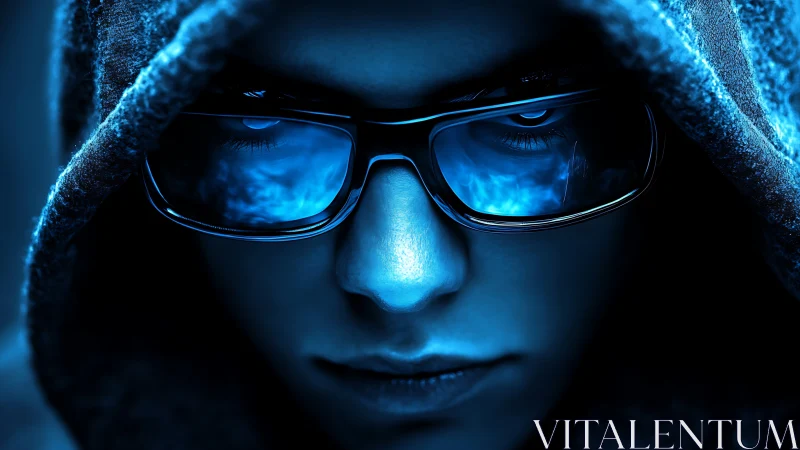 Hooded cyber figure stares through glowing blue glasses