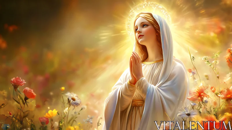 Radiant praying woman crowned in light amid blooming dawn meadow.