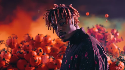 Portrait amid surreal glowing pumpkins and neon sky.
