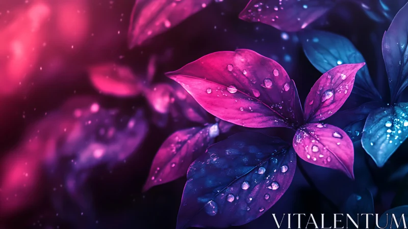 Neon-toned leaves with water droplets under soft light.