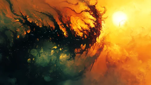 Solar maelstrom devours the sky in molten cosmic bloom.