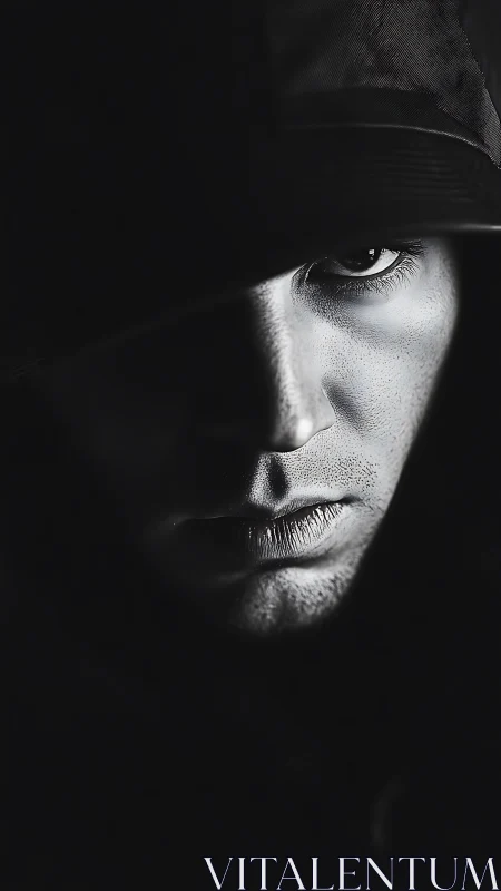 Low key portrait of hooded man in deep side shadow.