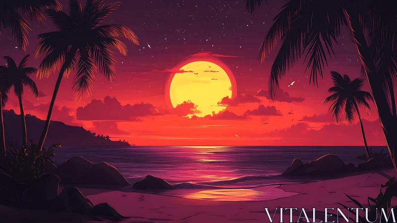 Radiant tropical sunset glows softly over a peaceful palm shore