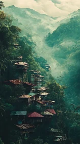 Misty mountain village clinging to lush emerald cliffsides.