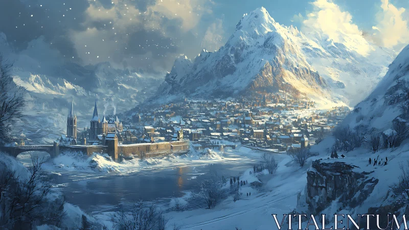 Snowbound alpine cityscape rendered in luminous digital painting
