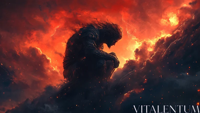 Colossal firelit warrior silhouette within turbulent inferno cloud