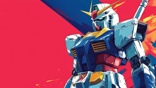Bold heroic mecha standing strong in vivid neon colors.