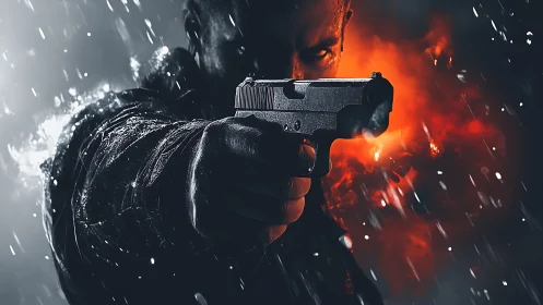 Stormlit gun barrel divides rain-soaked shadow and fire